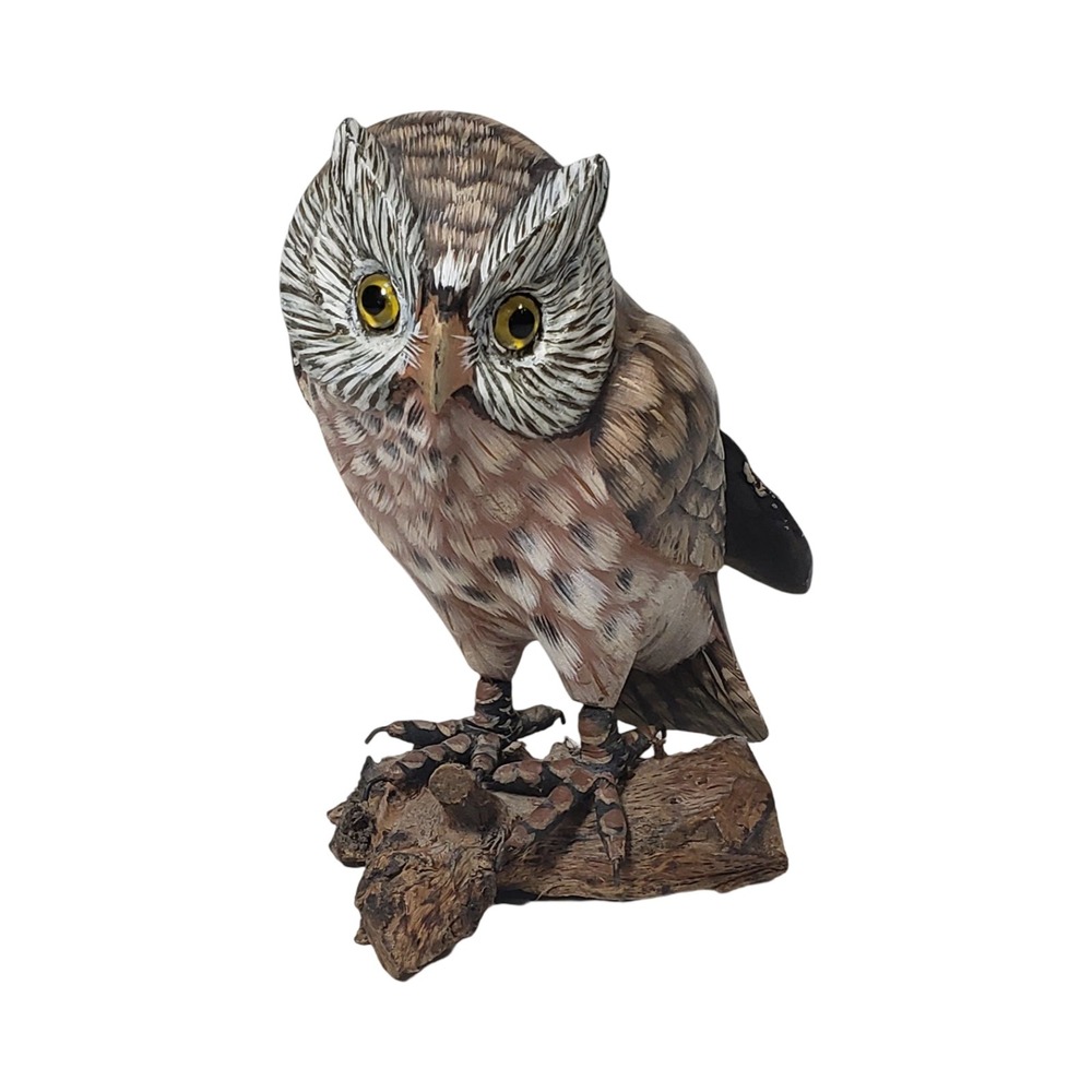 Hand Painted Owl Figurine on Branch Realistic Woodland Bird Decor Brown 6.5 inch